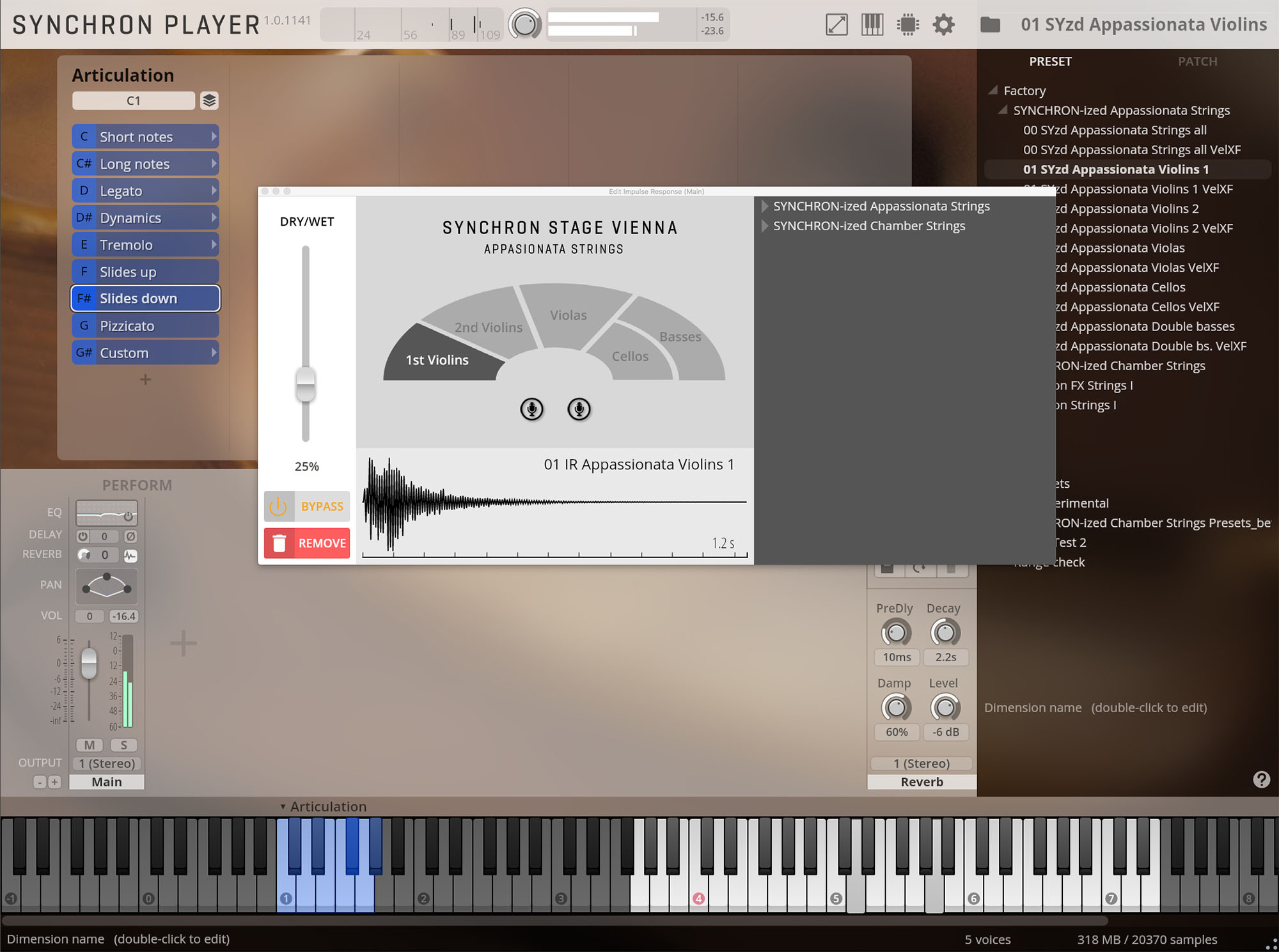 Screenshot of SYNCHRON PLAYER 1.0.1141 software interface displaying Appassionata Strings library with articulations, performance controls, and reverb settings.