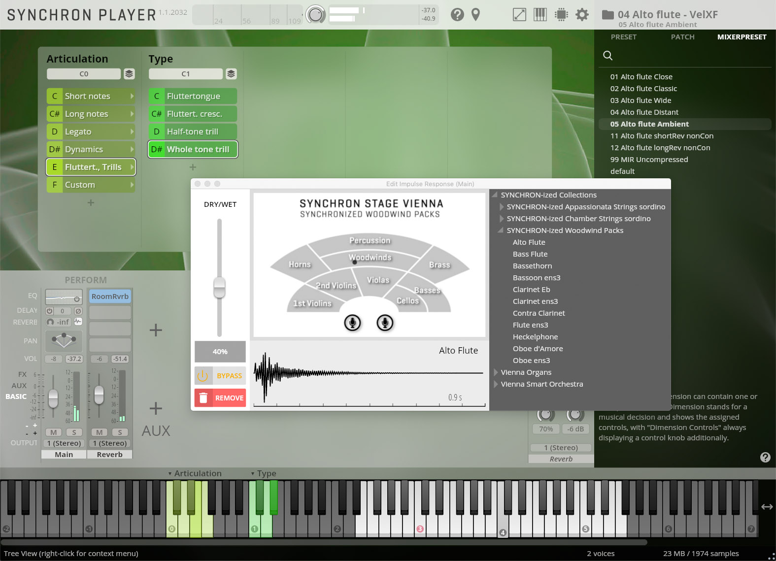 A screenshot of the SYNCHRON PLAYER software interface, showing sound articulation types, performance controls, a Synchron Stage Vienna woodwind instrument selection, and a list of synchronized instrument packs with Alto Flute highlighted.