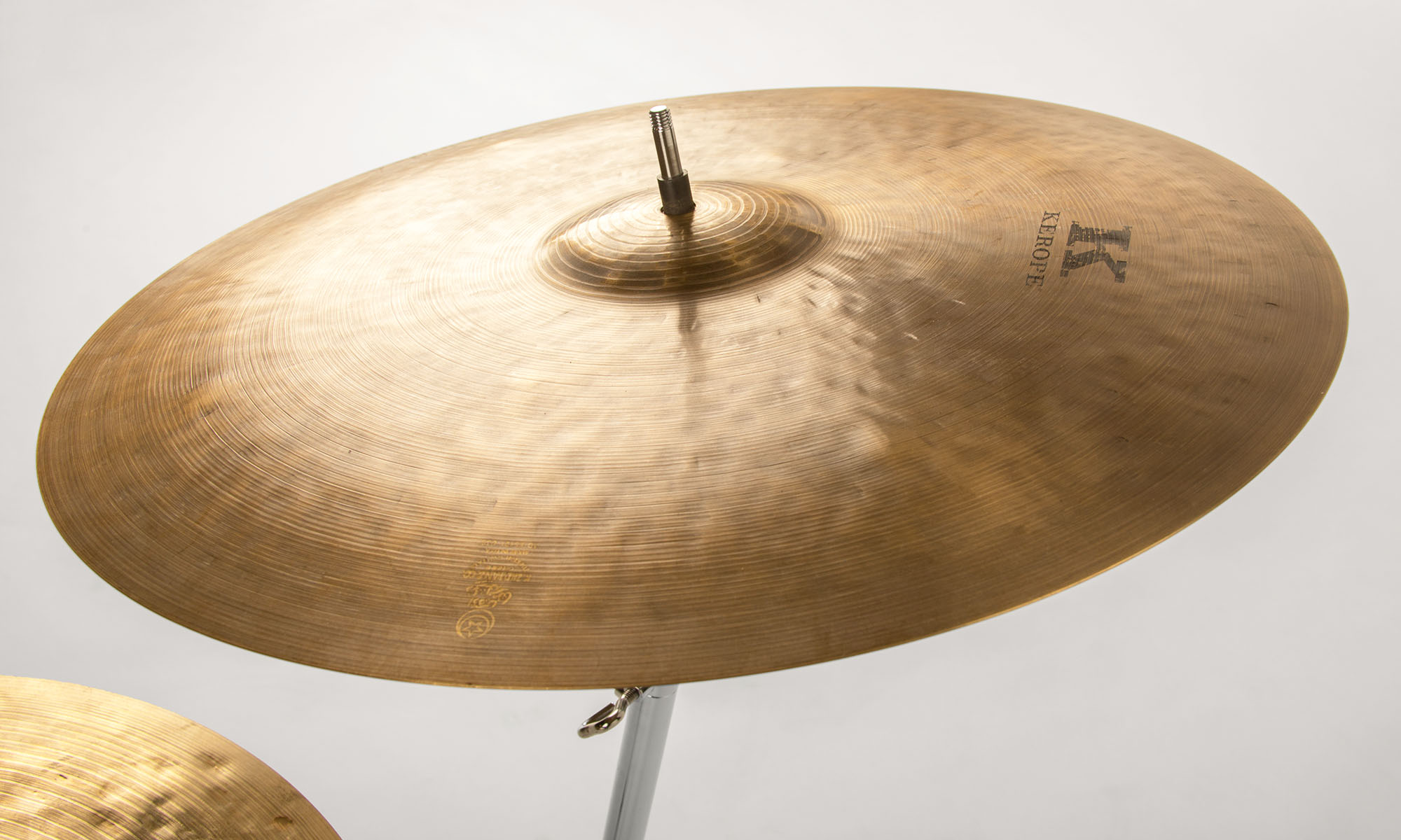 Zildjian Kerope 20 inch crash ride cymbal on a drum stand against a white background.