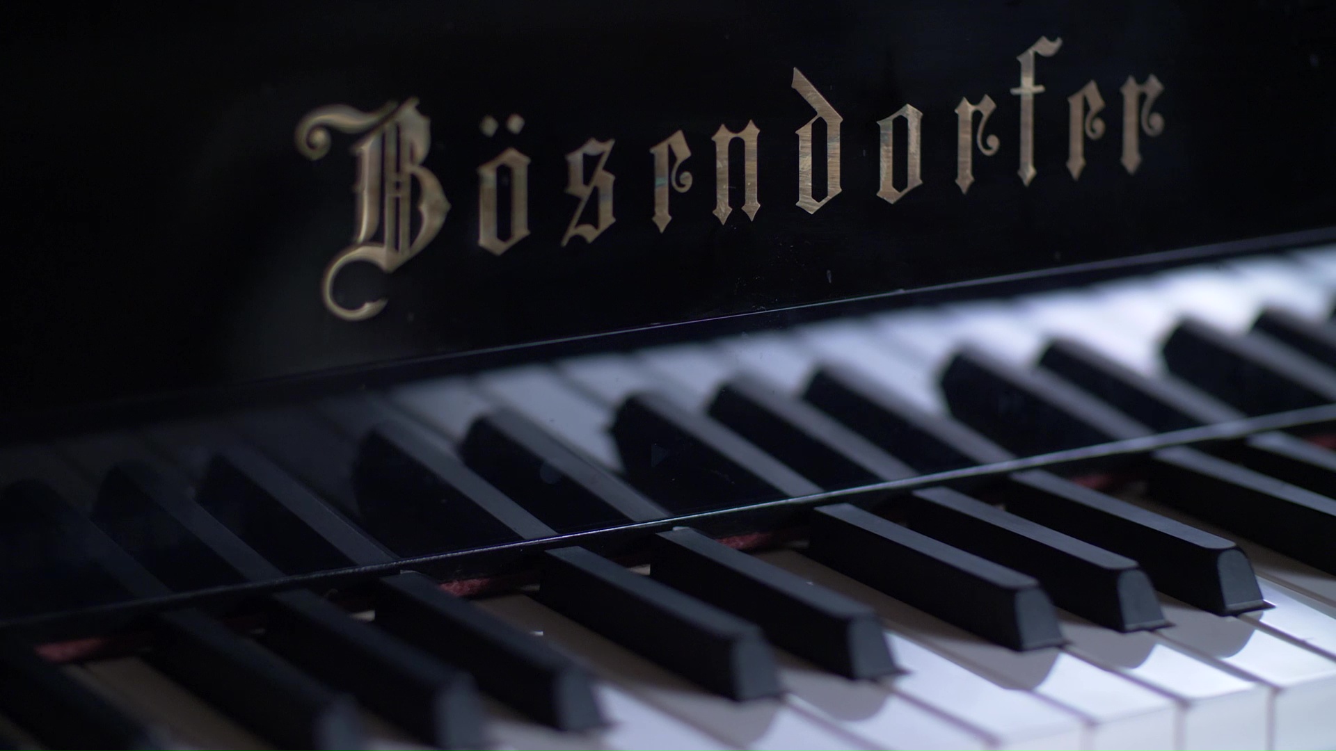 Close-up of a black Bosendorfer piano with its golden logo and ivory keys, showcasing fine musical craftsmanship.