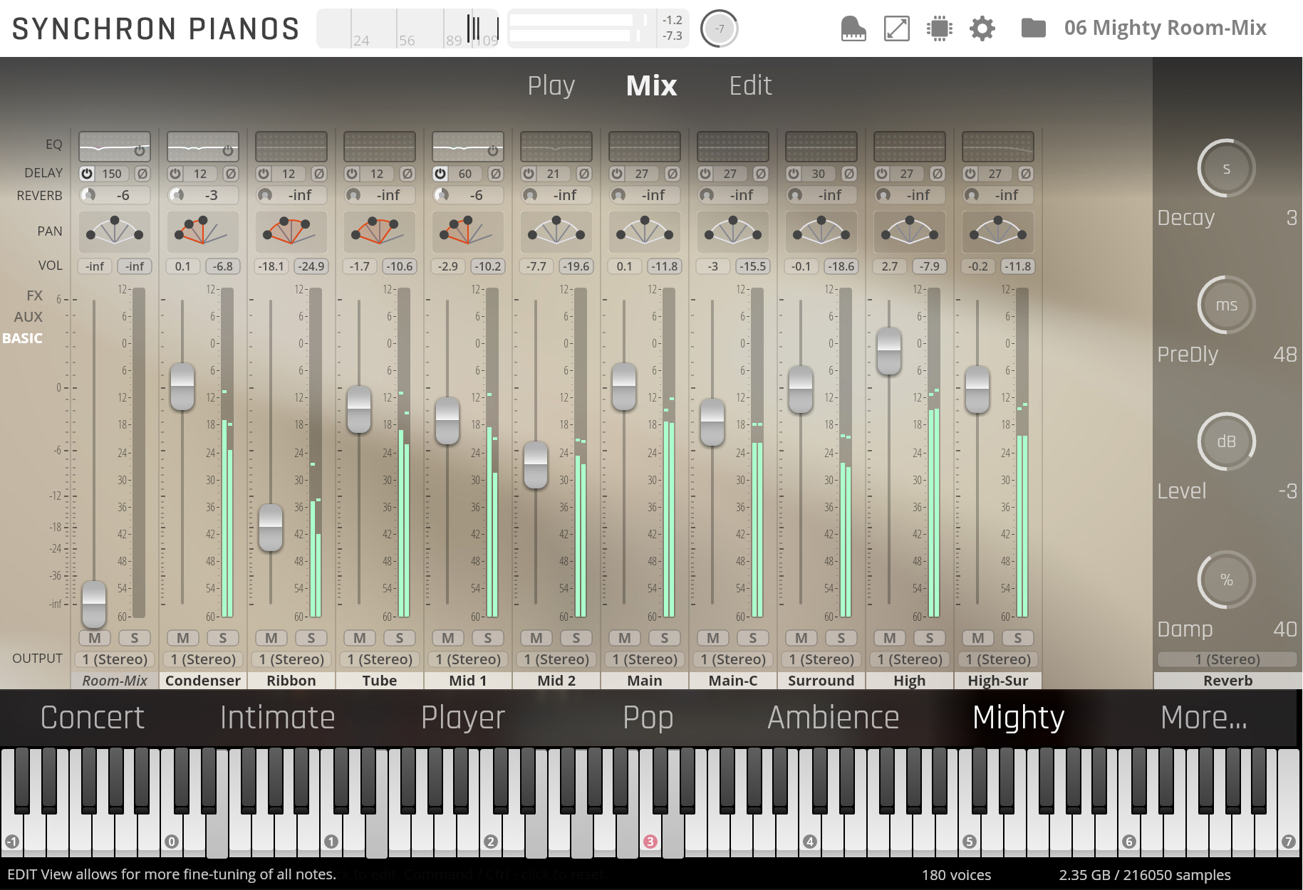 A screenshot of the Synchron Pianos software interface displaying the Mix tab, featuring multiple faders and controls for audio mixing, surrounded by equalizer, delay, reverb, pan, and volume settings, and a virtual piano keyboard at the bottom with labels like Concert, Intimate, and Mighty.
