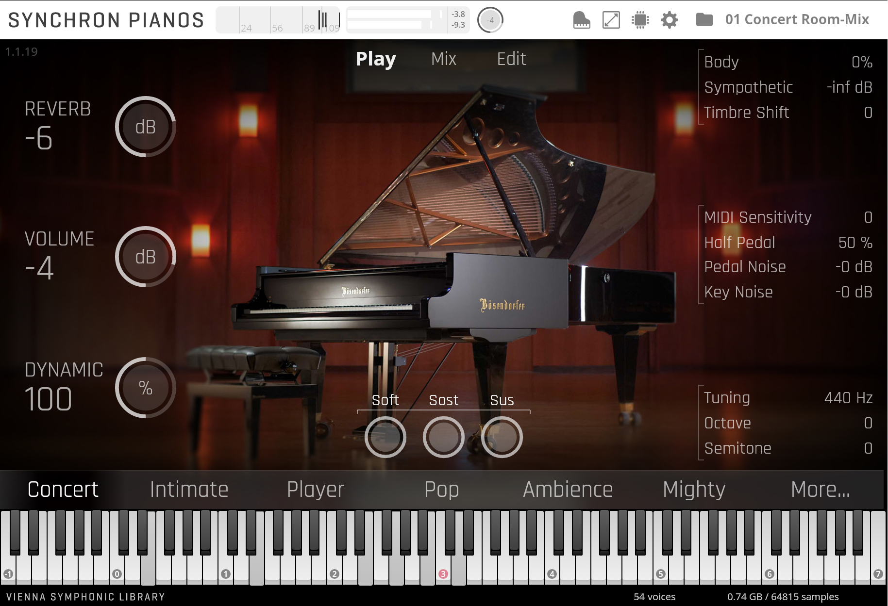 Synchron Pianos virtual instrument user interface showing a black Bosendorfer grand piano in a concert room setting. The interface displays controls for reverb, volume, dynamics, and pedal settings, along with a virtual keyboard.