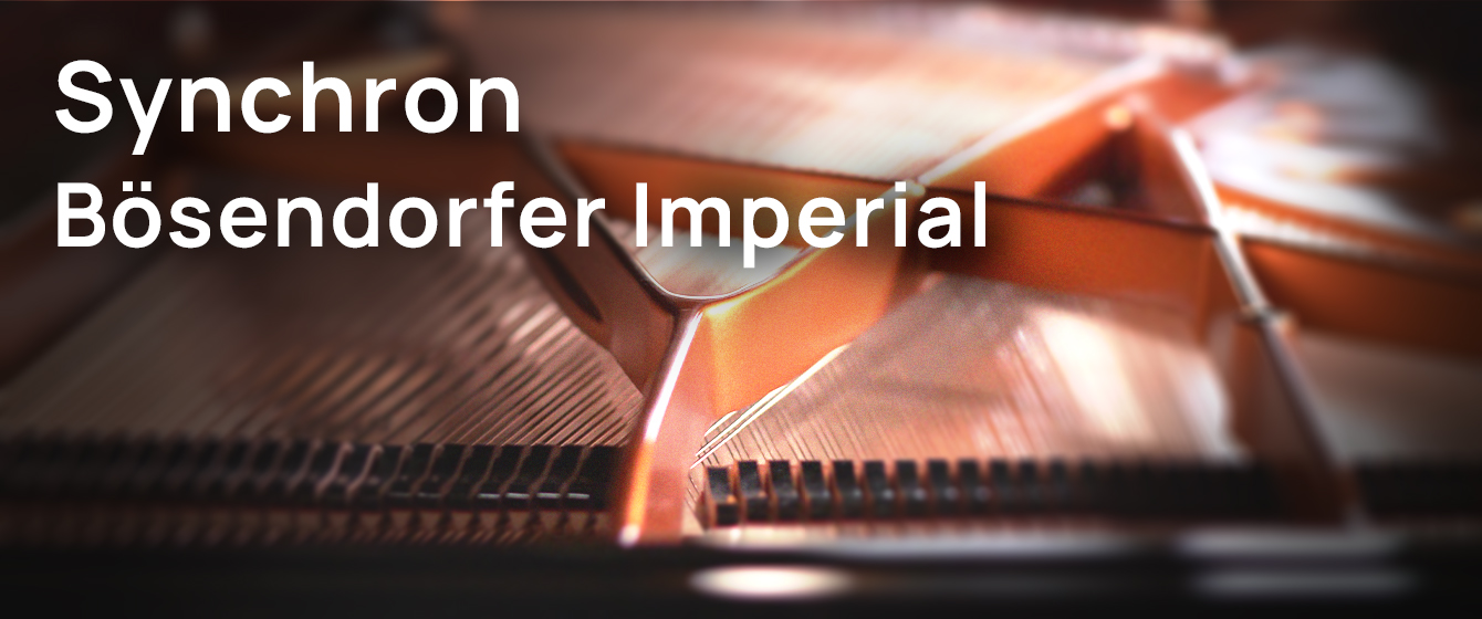 Synchron Bösendorfer Imperial text over blurred image of piano strings and frame.