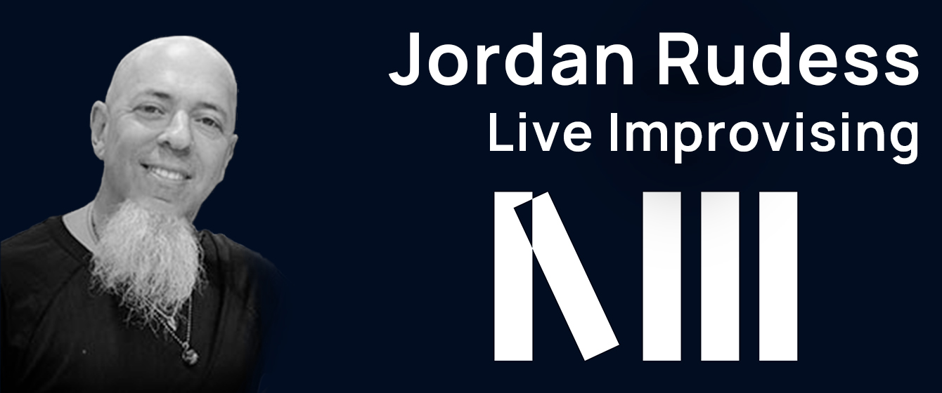 Jordan Rudess Live Improvising graphic featuring a black and white smiling portrait of Jordan Rudess with a white beard and the text Jordan Rudess Live Improvising with an abstract white logo on a dark blue background.