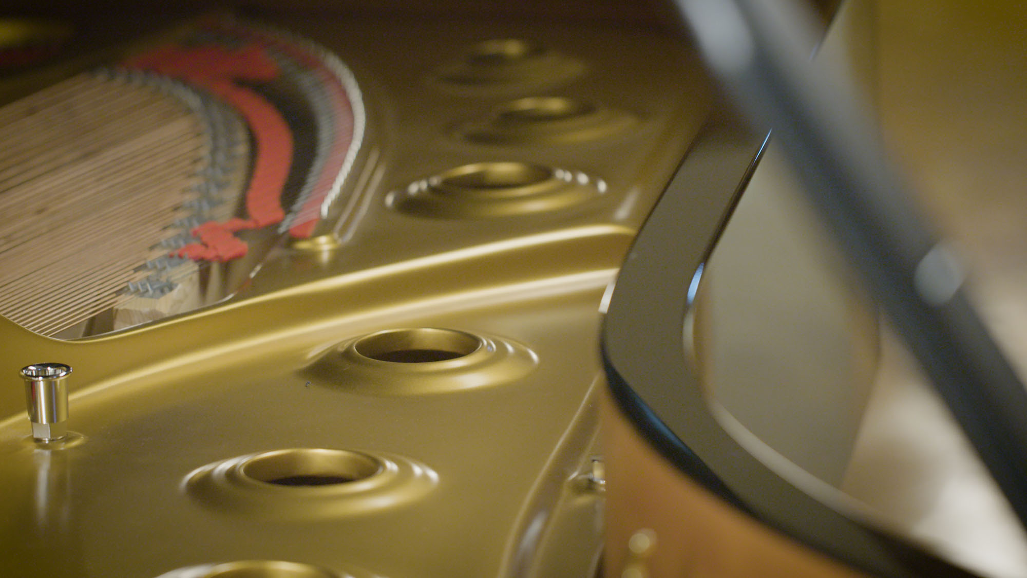 Close-up view inside a grand piano, showing the golden soundboard, strings, and tuning pins.
