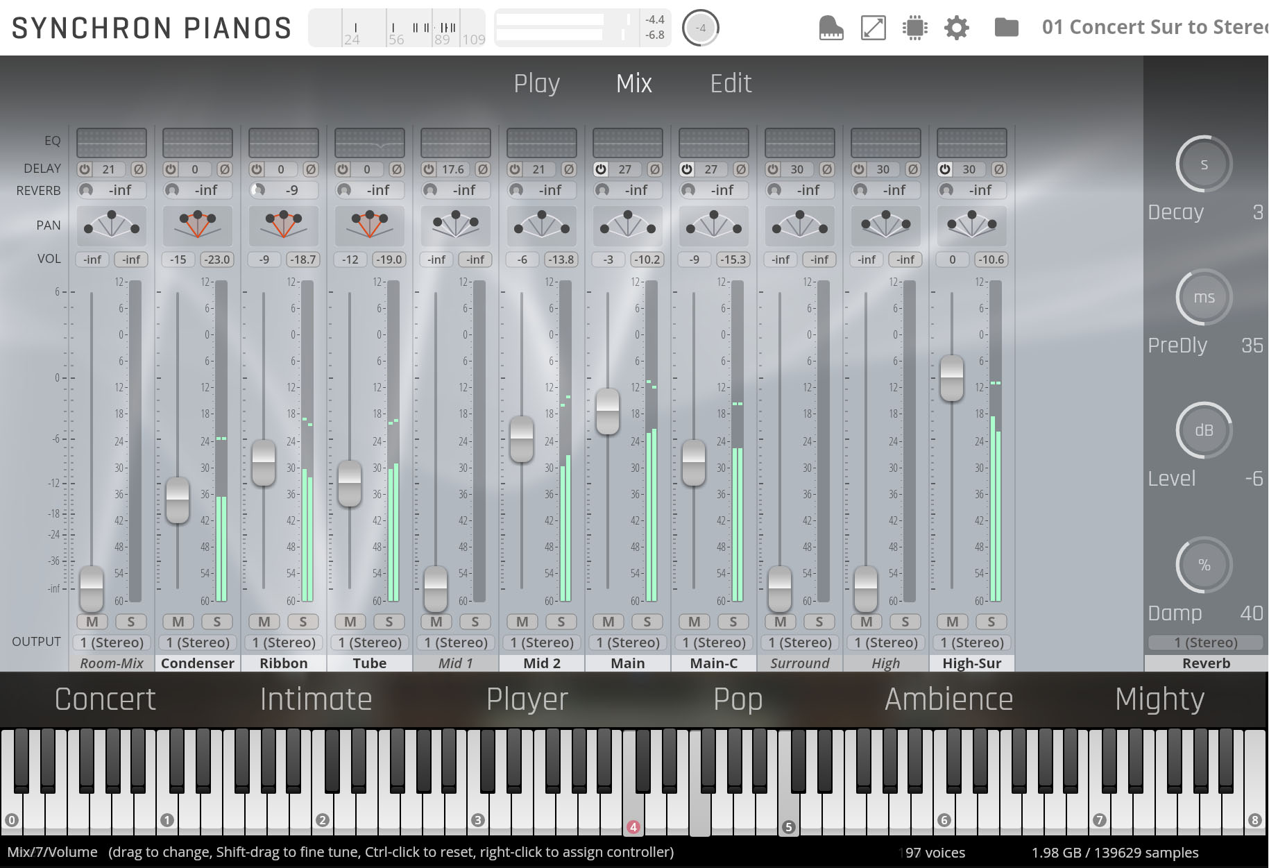 Synchron Pianos mixing console interface, displaying various audio controls, level meters, and a virtual piano keyboard.