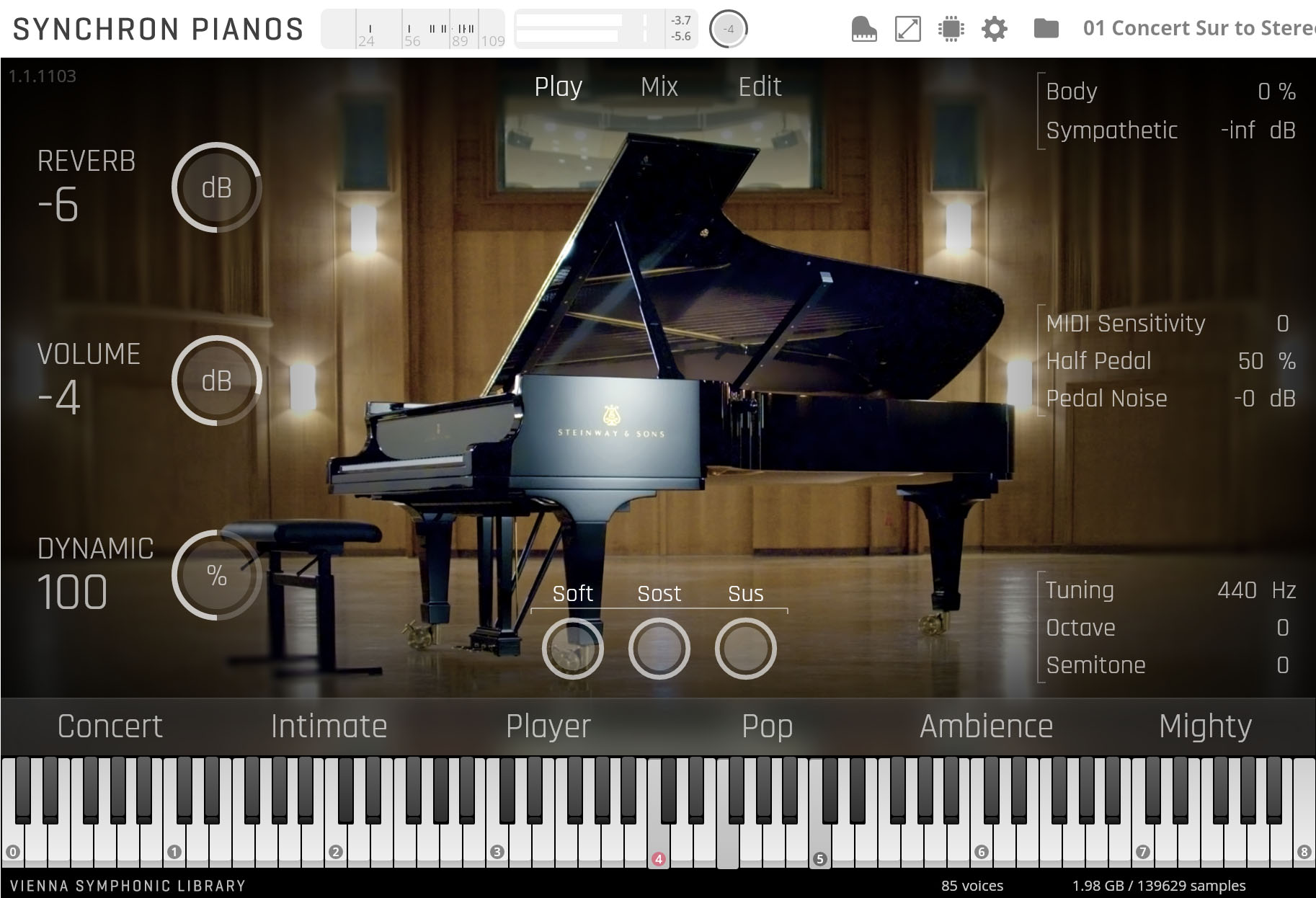 User interface of the Synchron Pianos virtual instrument featuring a Steinway & Sons grand piano, controls for reverb, volume, dynamics, and pedal settings, a full keyboard display, and various sound presets like Concert and Ambience.