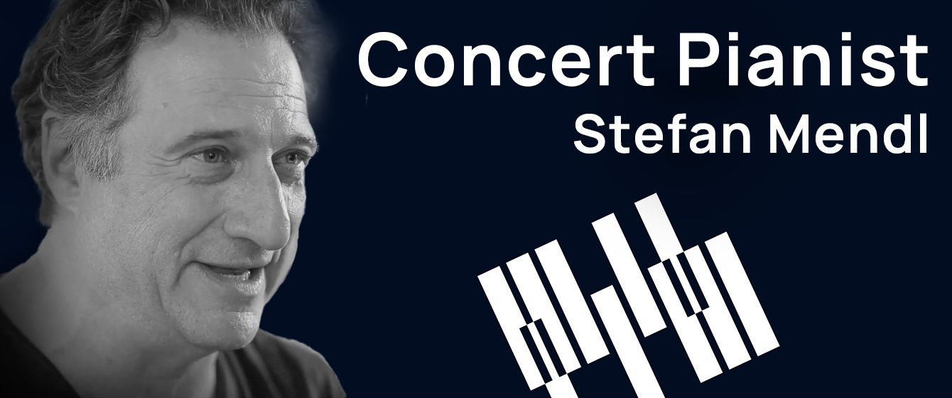 Black and white portrait of concert pianist Stefan Mendl with white text Concert Pianist Stefan Mendl and a graphic of piano keys on a dark background.