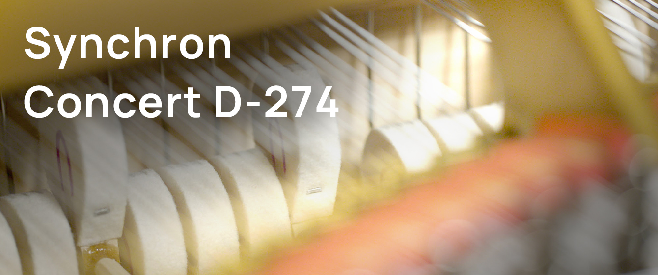 Image of the Synchron Concert D-274 showing the internal mechanisms of a piano, including white hammers and dampers with a creamy and golden background.