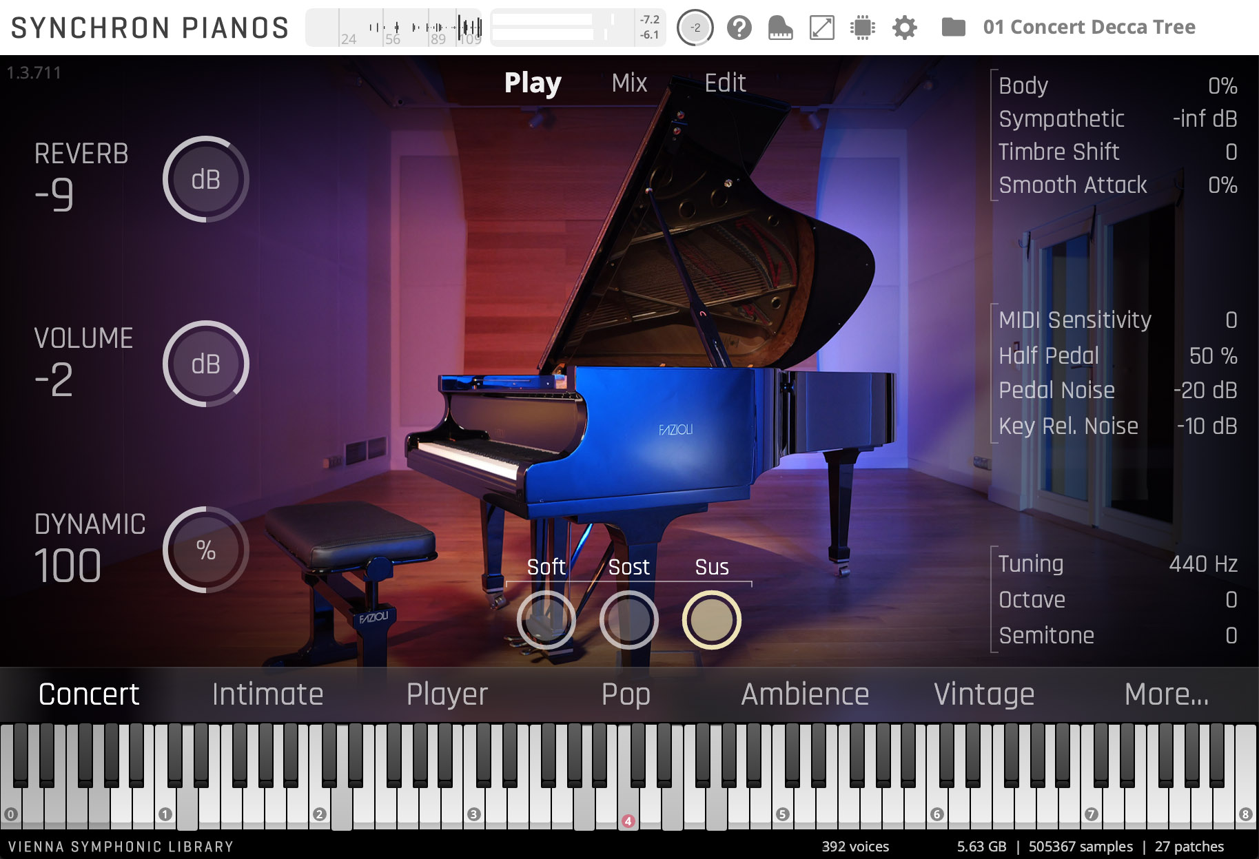 Virtual piano software interface, Synchron Pianos by Vienna Symphonic Library, displaying a blue Fazioli grand piano with adjustable reverb, volume, and dynamic settings.