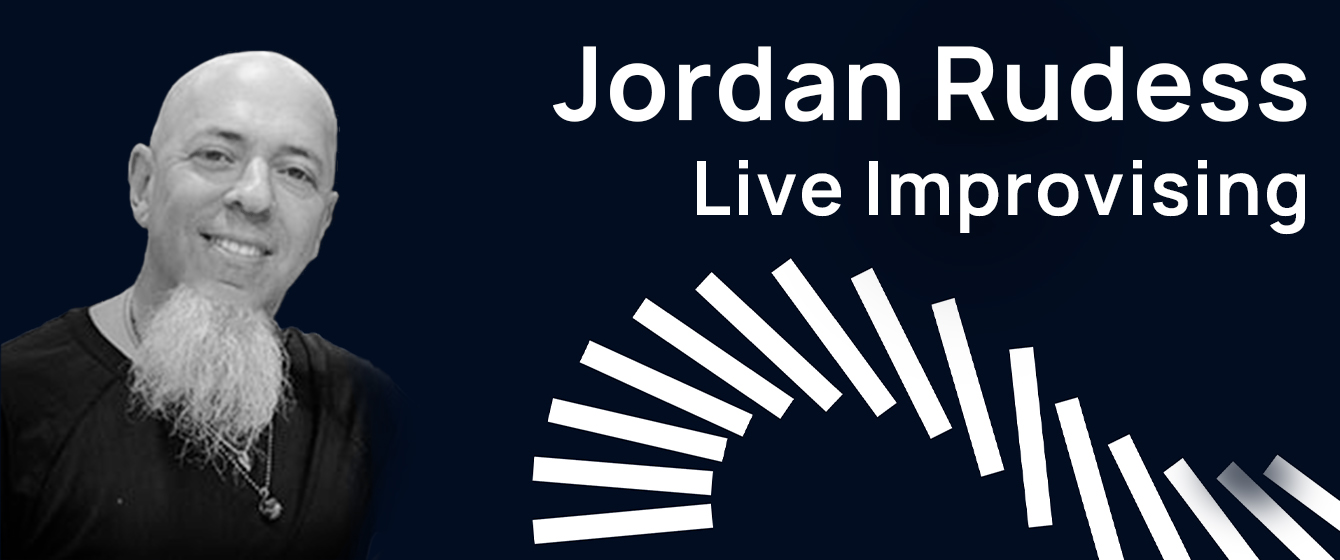 Jordan Rudess Live Improvising event banner with a black and white portrait of Jordan Rudess, a bald man with a goatee, smiling on a dark blue background alongside the event title in white text and a white abstract musical graphic resembling piano keys.