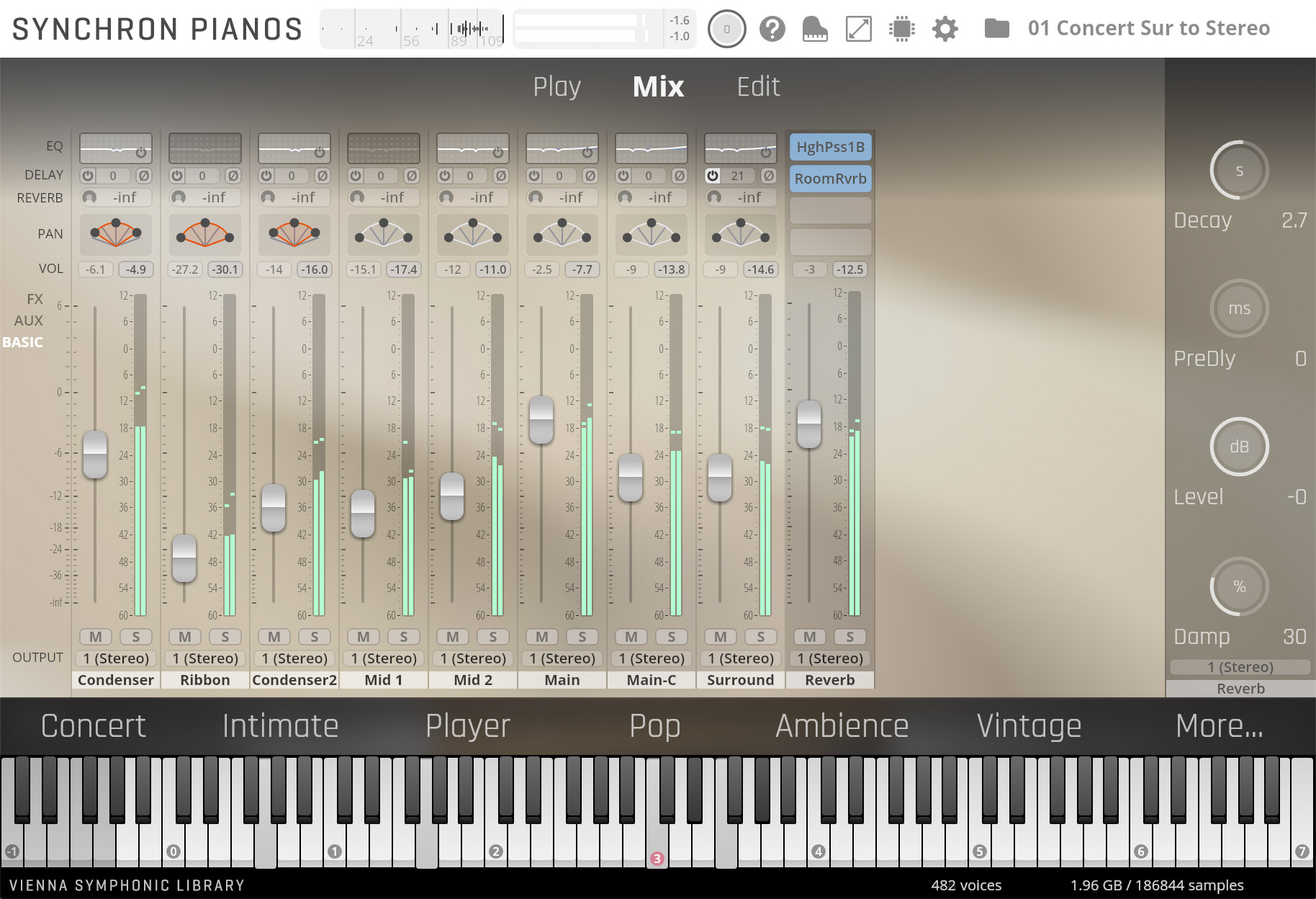 Screenshot of the Synchron Pianos software interface in Mix view, showing multiple virtual microphone channels with faders, pan controls, EQ, delay, reverb, volume, and output assignment. Below the controls is a virtual piano keyboard and category buttons: Concert, Intimate, Player, Pop, Ambience, Vintage, More, with Vienna Symphonic Library branding.