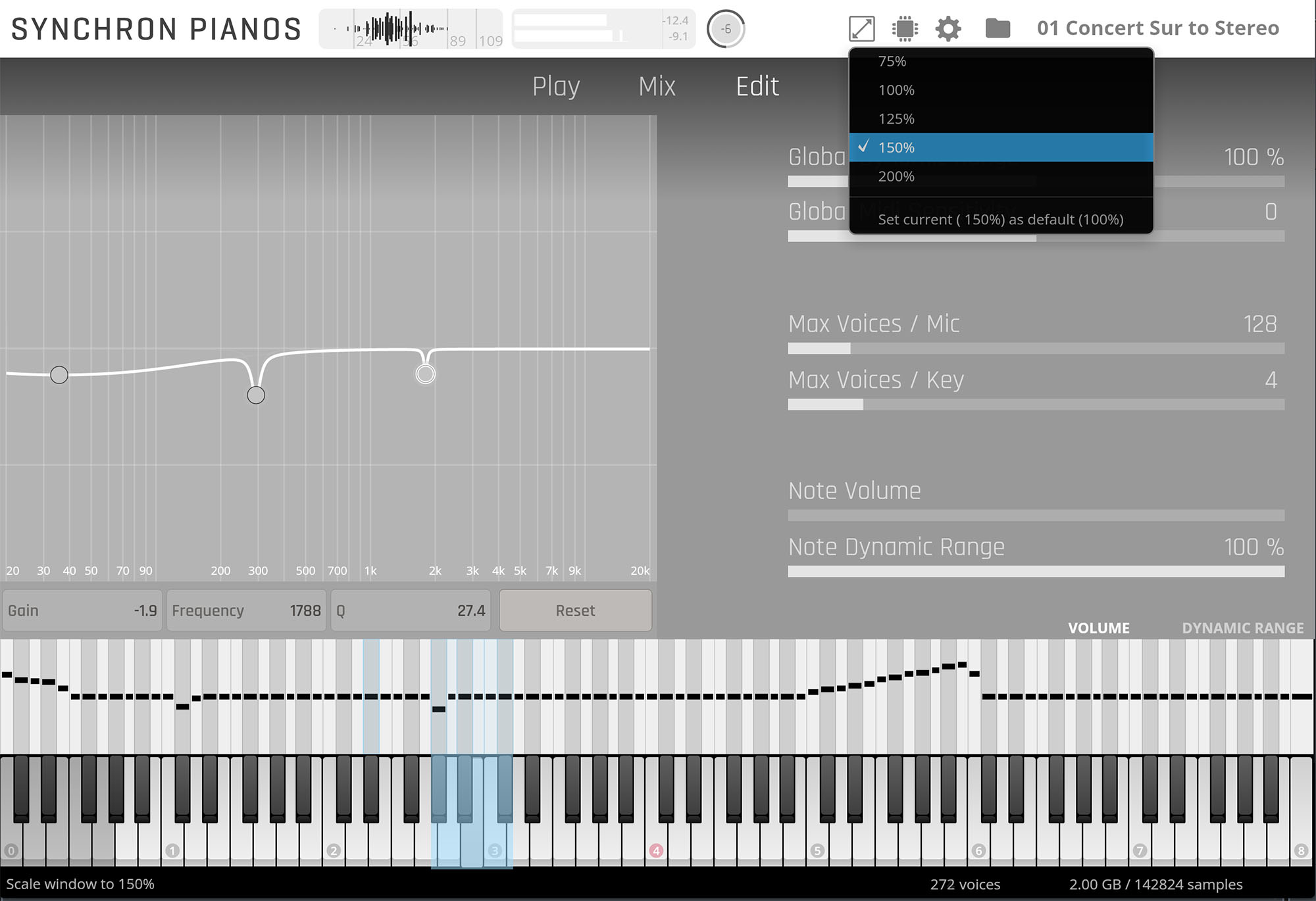 Screenshot of the Synchron Pianos software interface with the scale window set to 150%, showing controls for equalization, note volume, and dynamic range, plus a virtual piano keyboard.