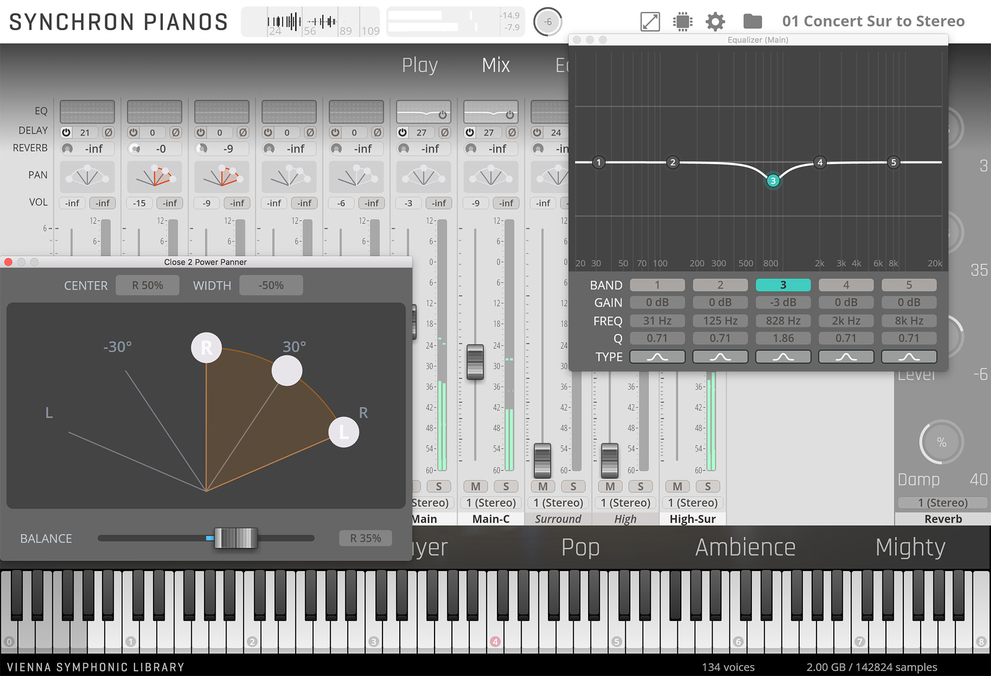 Digital audio workstation interface for Vienna Symphonic Library Synchron Pianos, featuring equalizer settings, stereo imaging, and level controls.