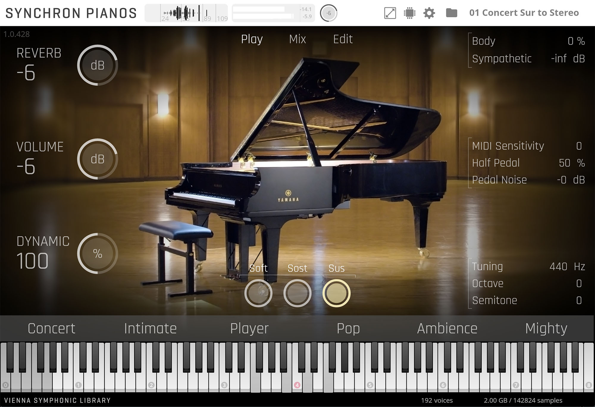 Graphical user interface for Synchron Pianos software, featuring an elegant grand piano, virtual keyboard, and adjustable audio settings like reverb, volume, and dynamics.