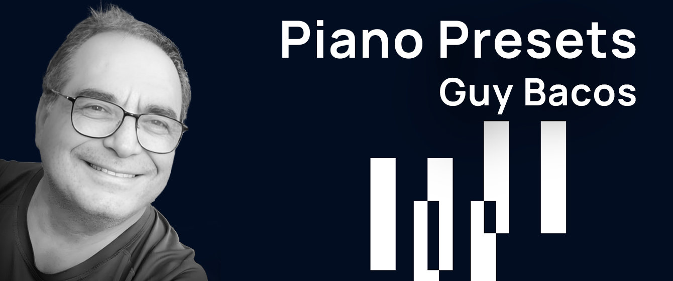 Black and white headshot of Guy Bacos, a smiling middle-aged man wearing glasses, next to white text on a dark blue background that reads Piano Presets Guy Bacos and a graphic of four white vertical bars resembling audio equalizer levels