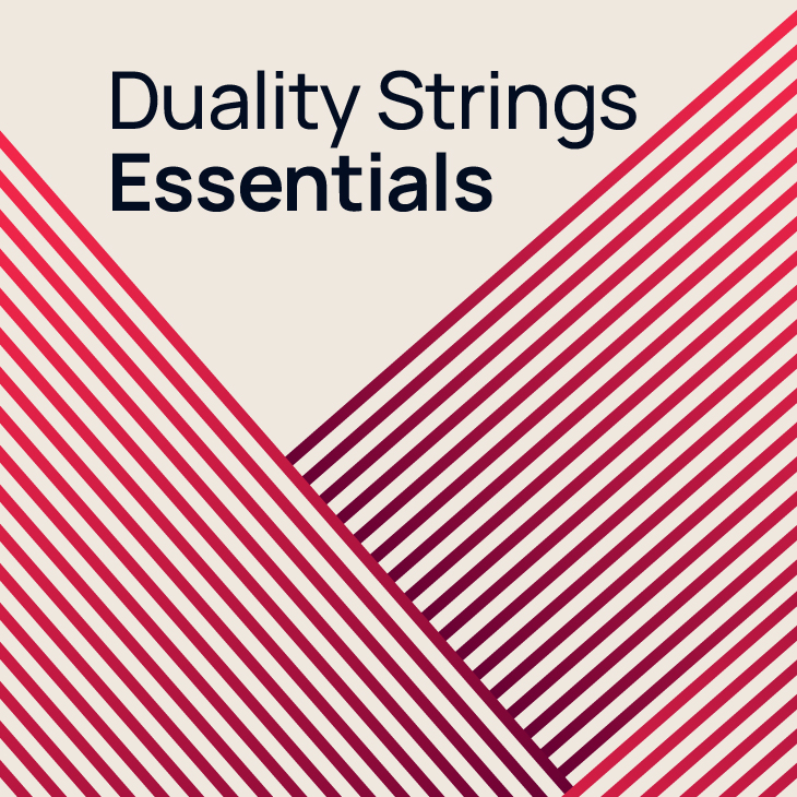 Album cover art for Duality Strings Essentials featuring diagonal red and maroon stripes intersecting on a beige background