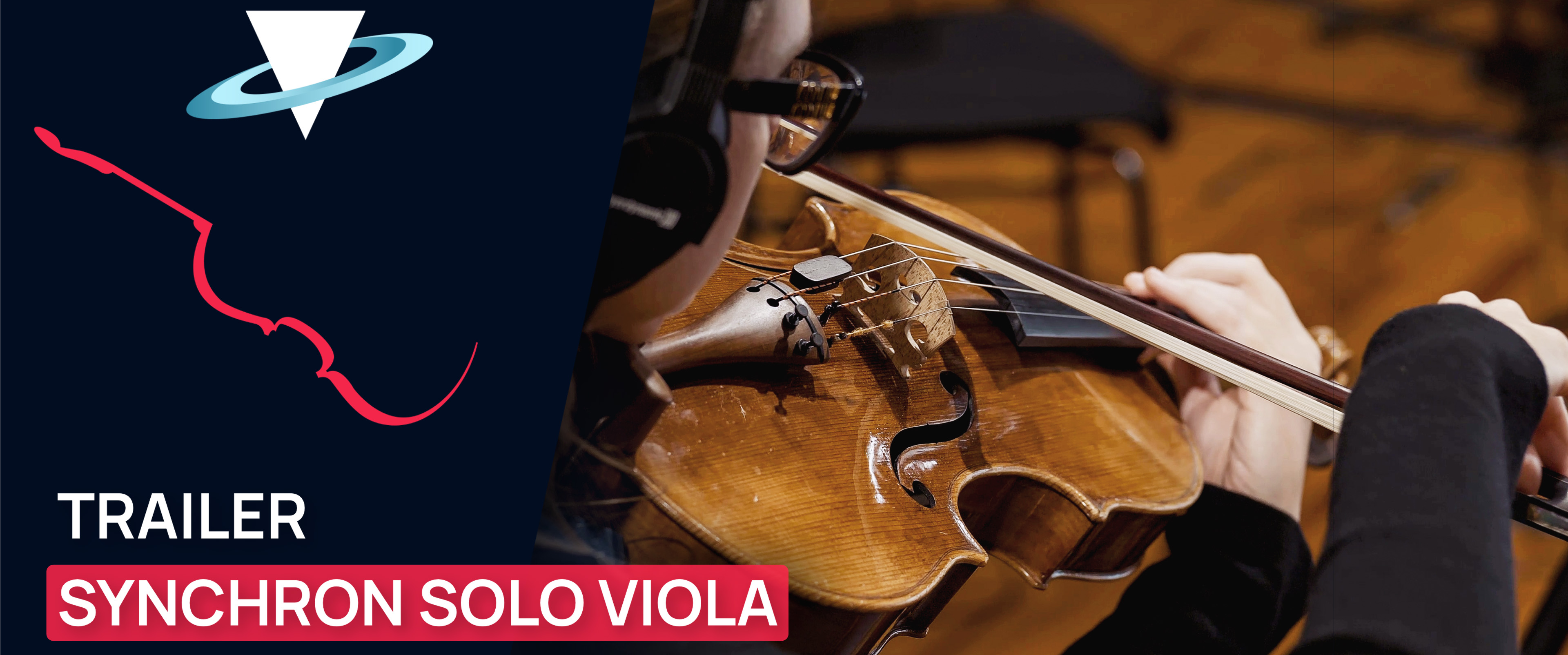 Trailer still of a person playing a Synchron Solo Viola, with a red violin silhouette and Viennese Symphonic Library logo.