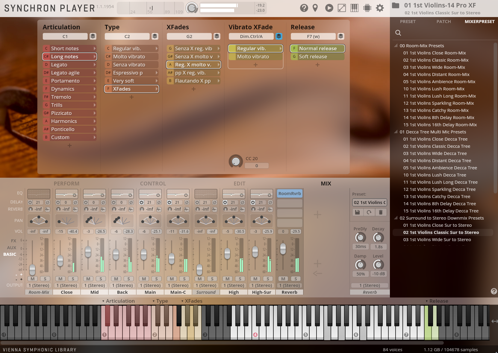 Screenshot of the Synchron Player software interface, showing different articulation, type, XFades, vibrato, and release settings on the left and center, with a list of multi-microphone presets, including Room-Mix, Decca Tree, and Surround to Stereo options, on the right.