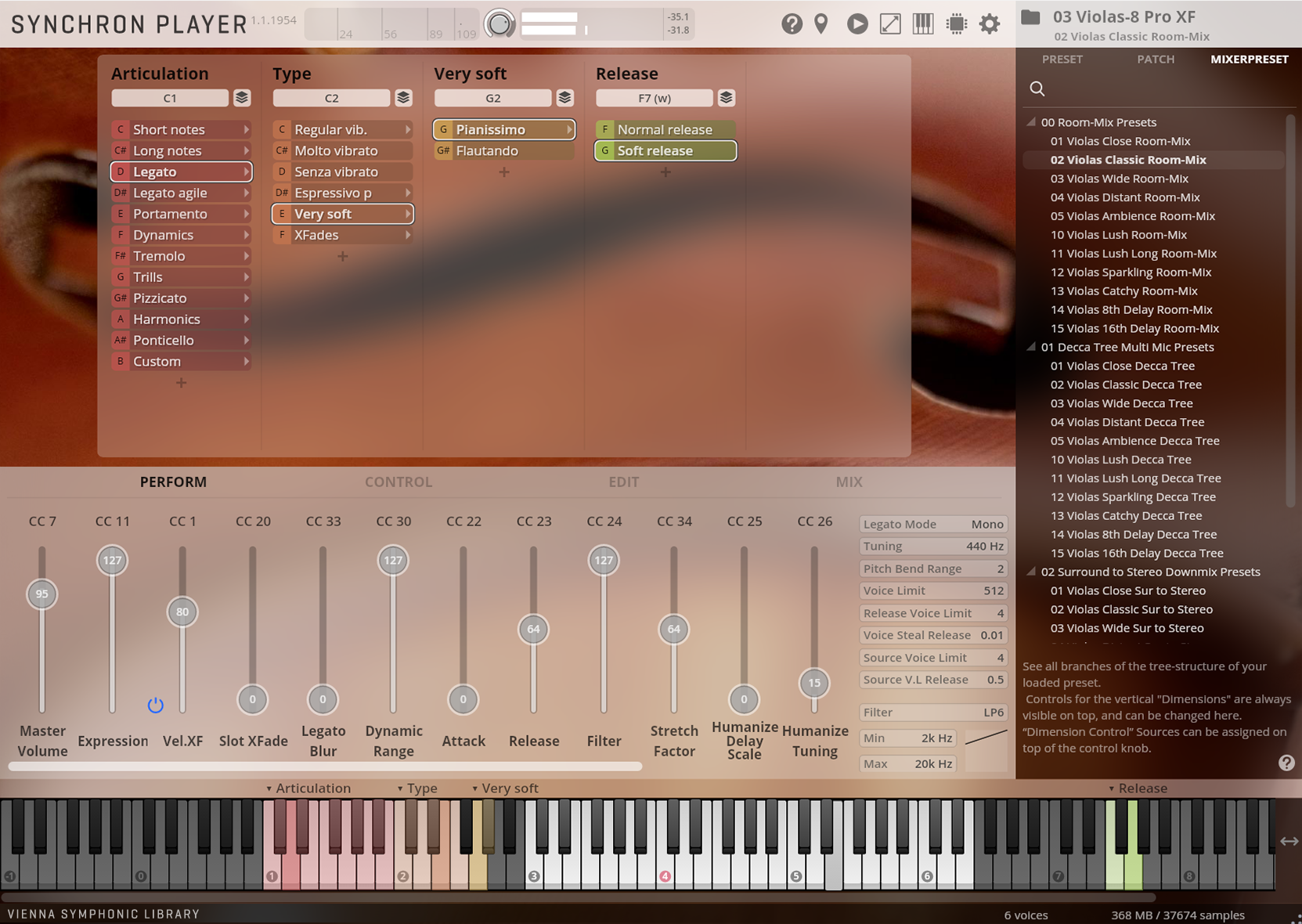 Screenshot of the SYNCHRON PLAYER 1.1.1954 virtual instrument interface, displaying articulation, type, very soft, and release settings, with a mixer preset sidebar for Violas-8 Pro XF.