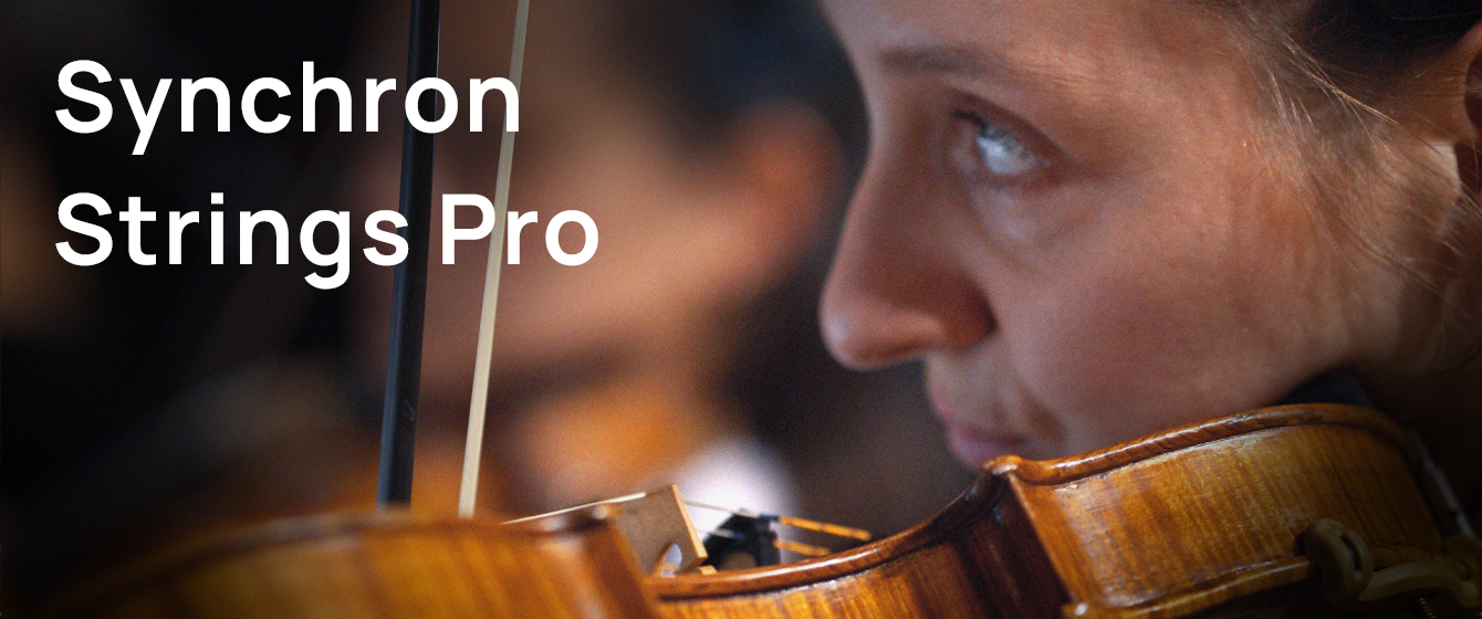 Close-up of a musician, possibly a woman, playing a violin with a bow, with “Synchron Strings Pro” text overlaid on the left side of the image.
