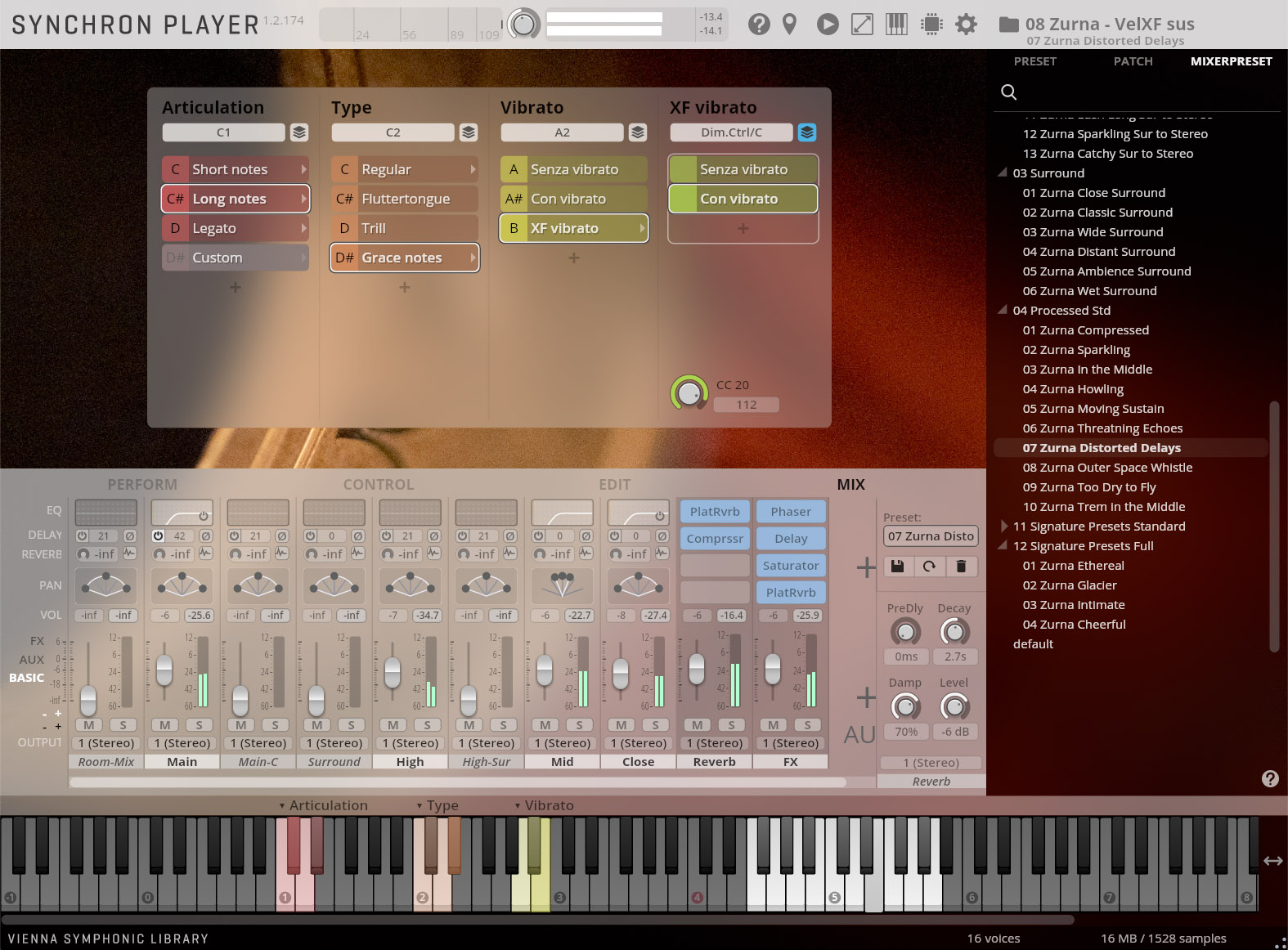 Virtual instrument interface featuring Synchron Player with articulations, vibrato, effect controls, and a list of Zurna presets.