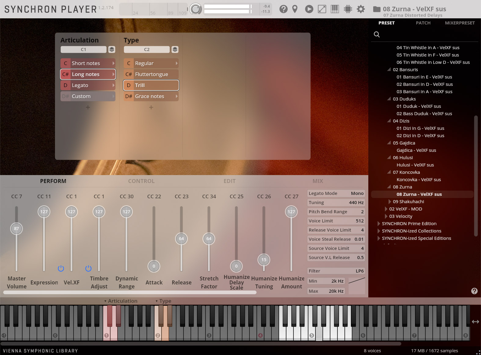 Screenshot of the Vienna Symphonic Library Synchron Player software interface, displaying articulation and type menus, performance and mix controls, and an instrument list with 08 Zurna - VelXF sus highlighted.