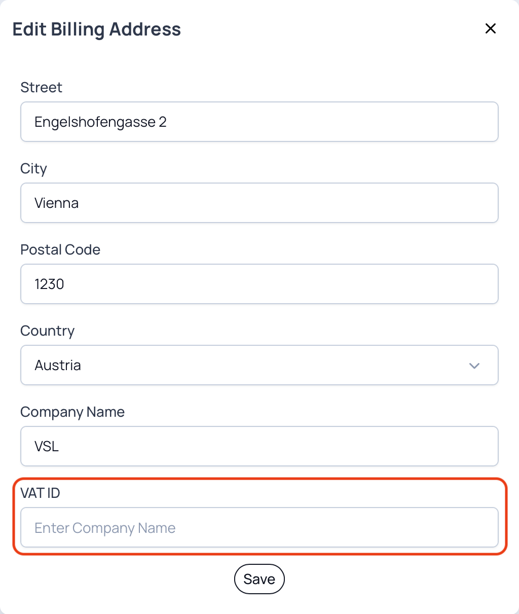 A dialog box titled Edit Billing Address with fields for Street Engelshofengasse 2, City Vienna, Postal Code 1230, Country Austria, Company Name VSL, and an empty VAT ID field highlighted in red, above a Save button.
