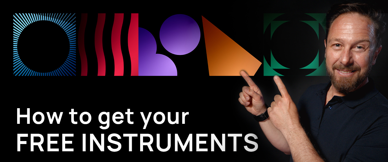 Graphic with various geometric shapes and colors above the text How to get your FREE INSTRUMENTS and a smiling man pointing towards the shapes.