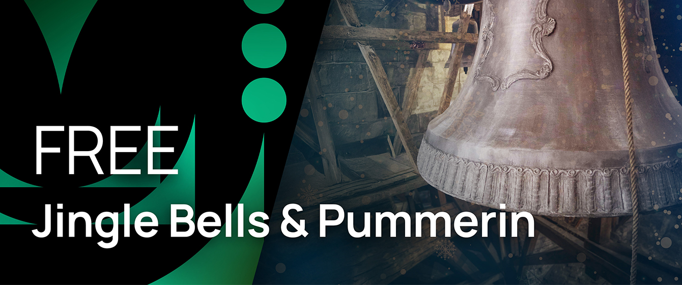 Promotional banner: Free Jingle Bells & Pummerin text over a background of a large, ornate bronze bell inside a bell tower with wooden beams.